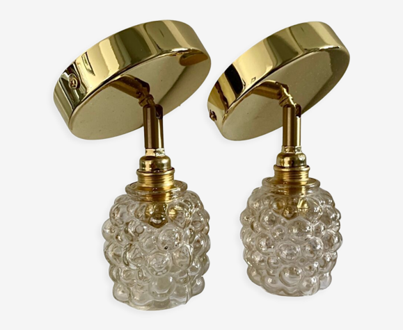 Paire d’appliques vintage en verre bullé doré électrifiée à neuf