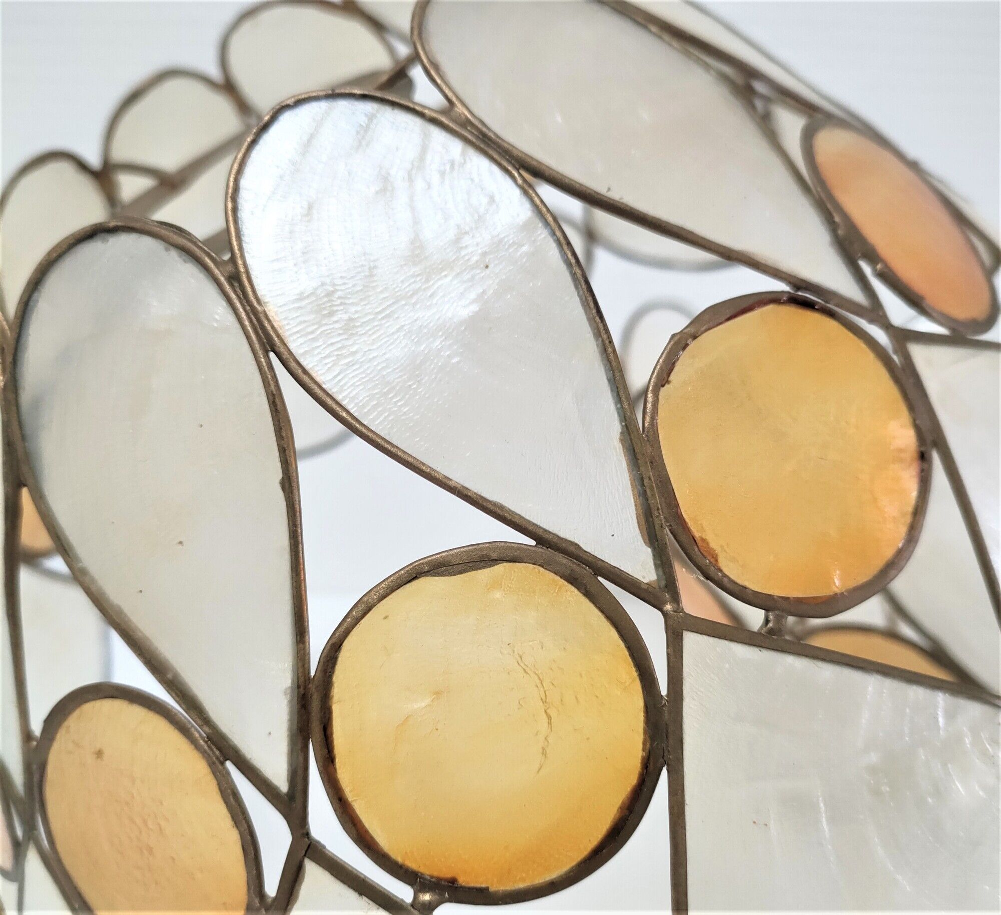 Pair of Capiz mother-of-pearl lampshade and vintage gilded metal