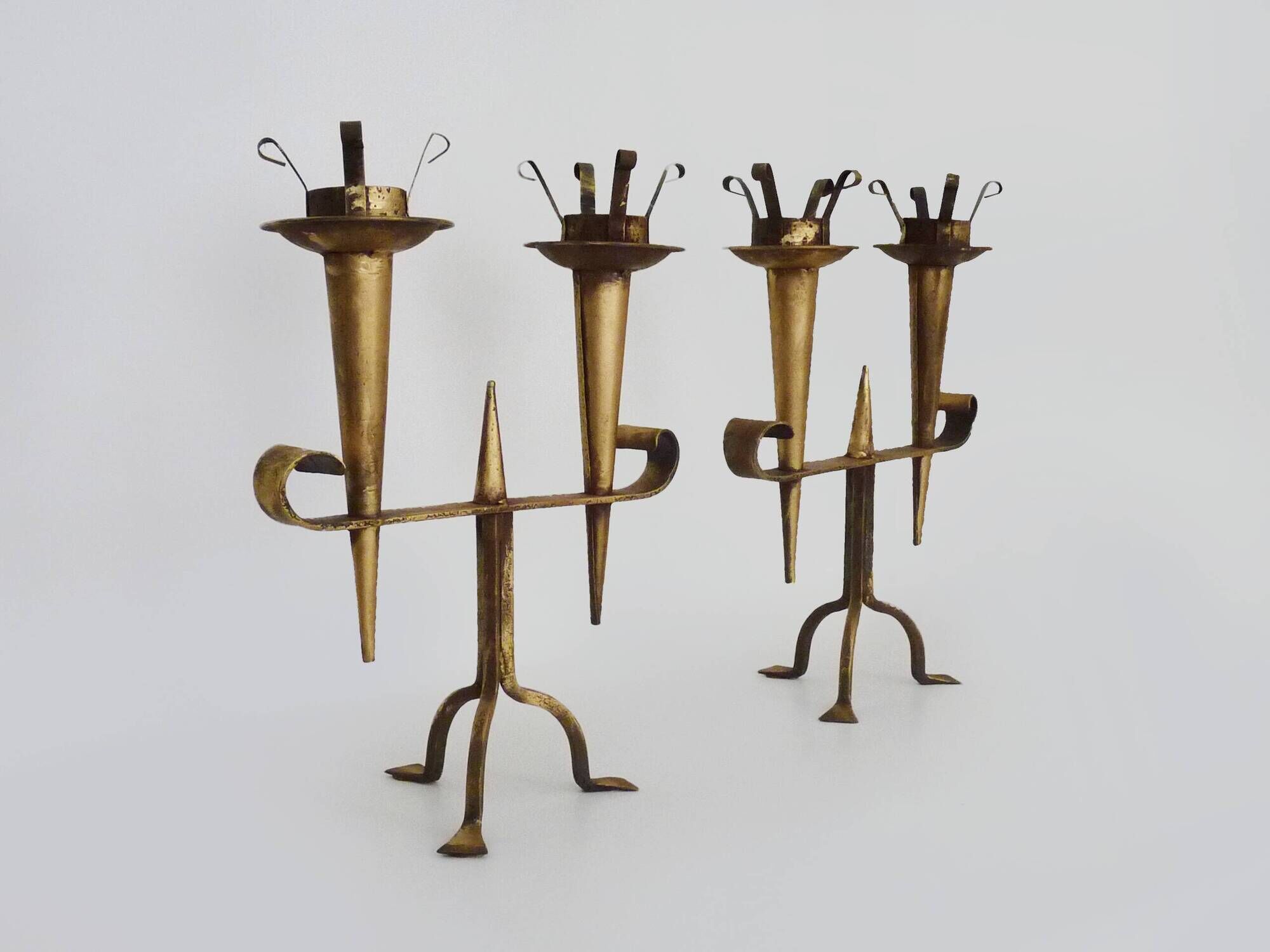 Large Pair of Vintage French Gold Wrought Iron 2 Candle Holders 60