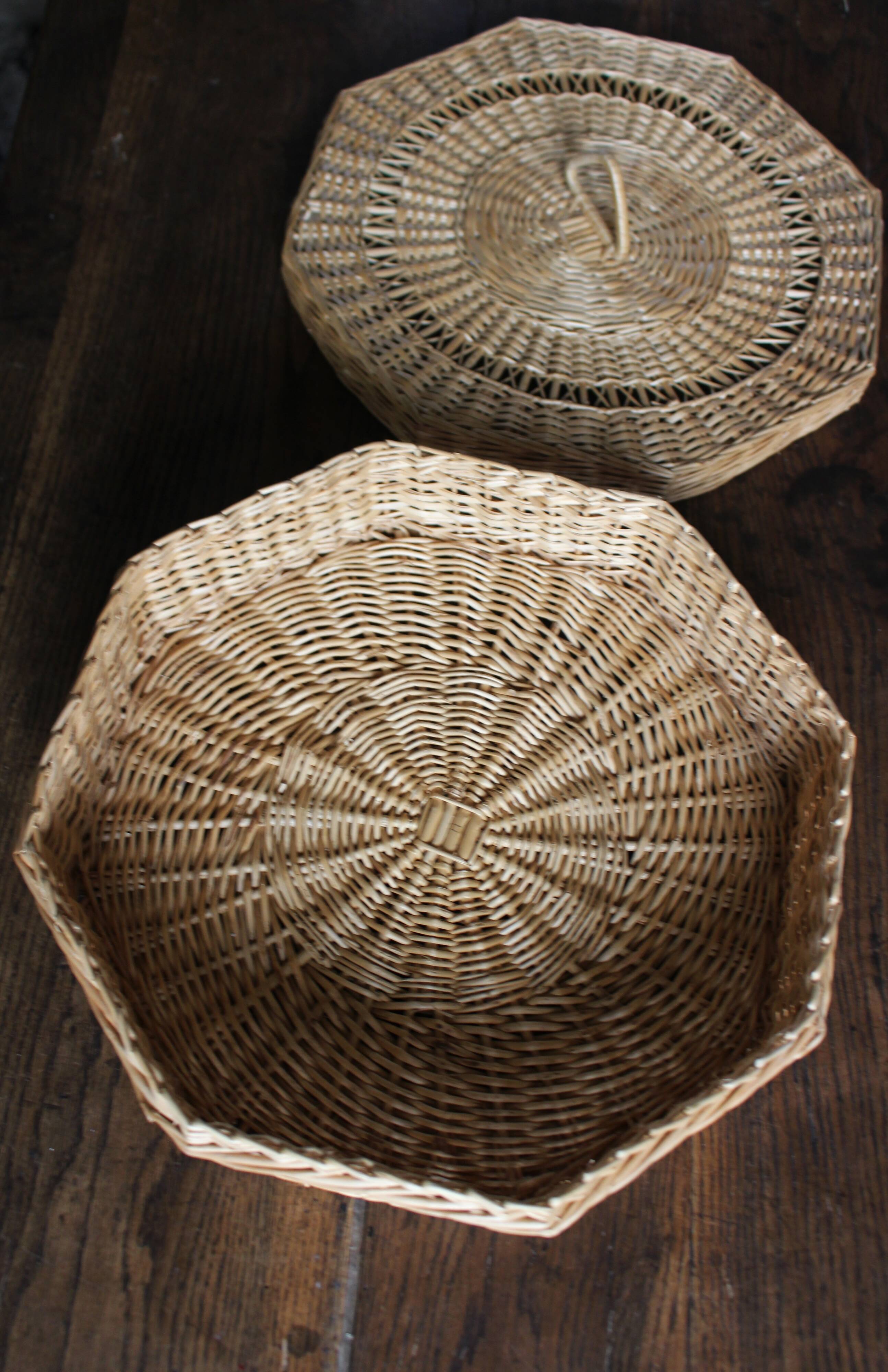 Vintage Octagonal Wicker Basket with Lid
