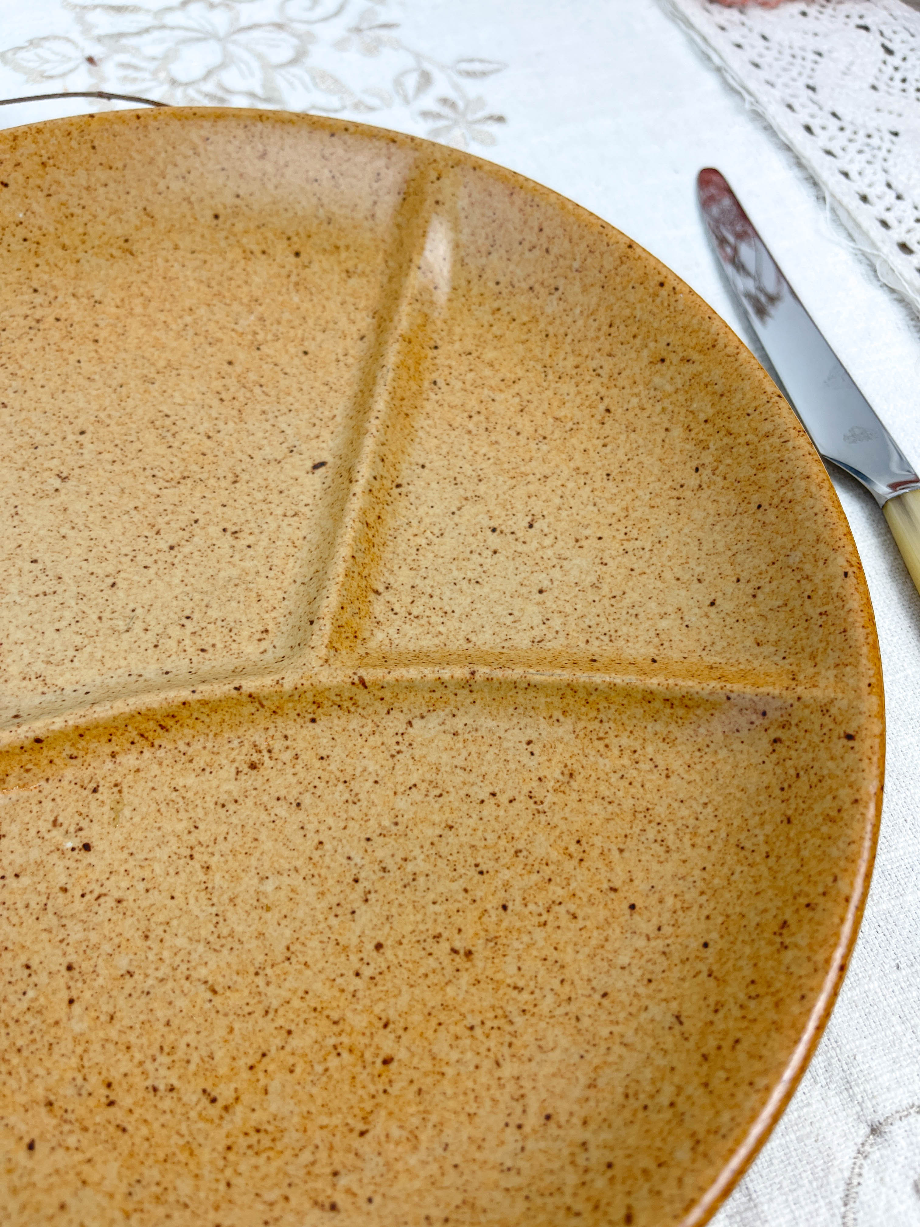 2 amber ceramic fondue plates made in france 1970
