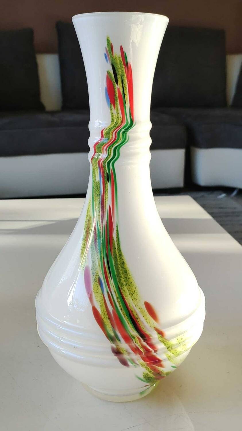 Blown Murano/White Opaline Art glass vase, polychrome smoke scroll inclusions. 28.5 x 14 cm