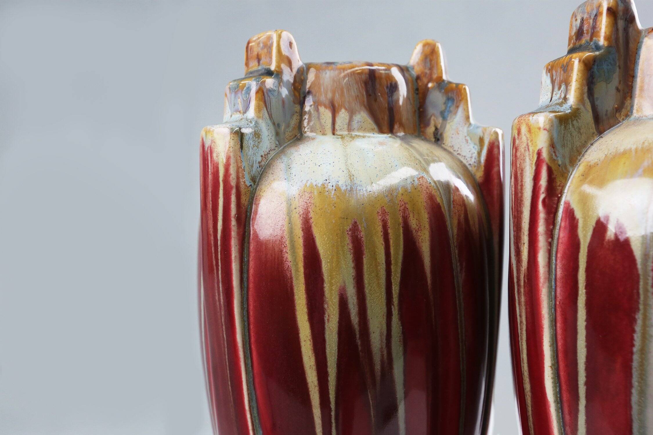 Pair of Sculptural Art Deco Glazed Ceramic Vases, Belgium 1930s