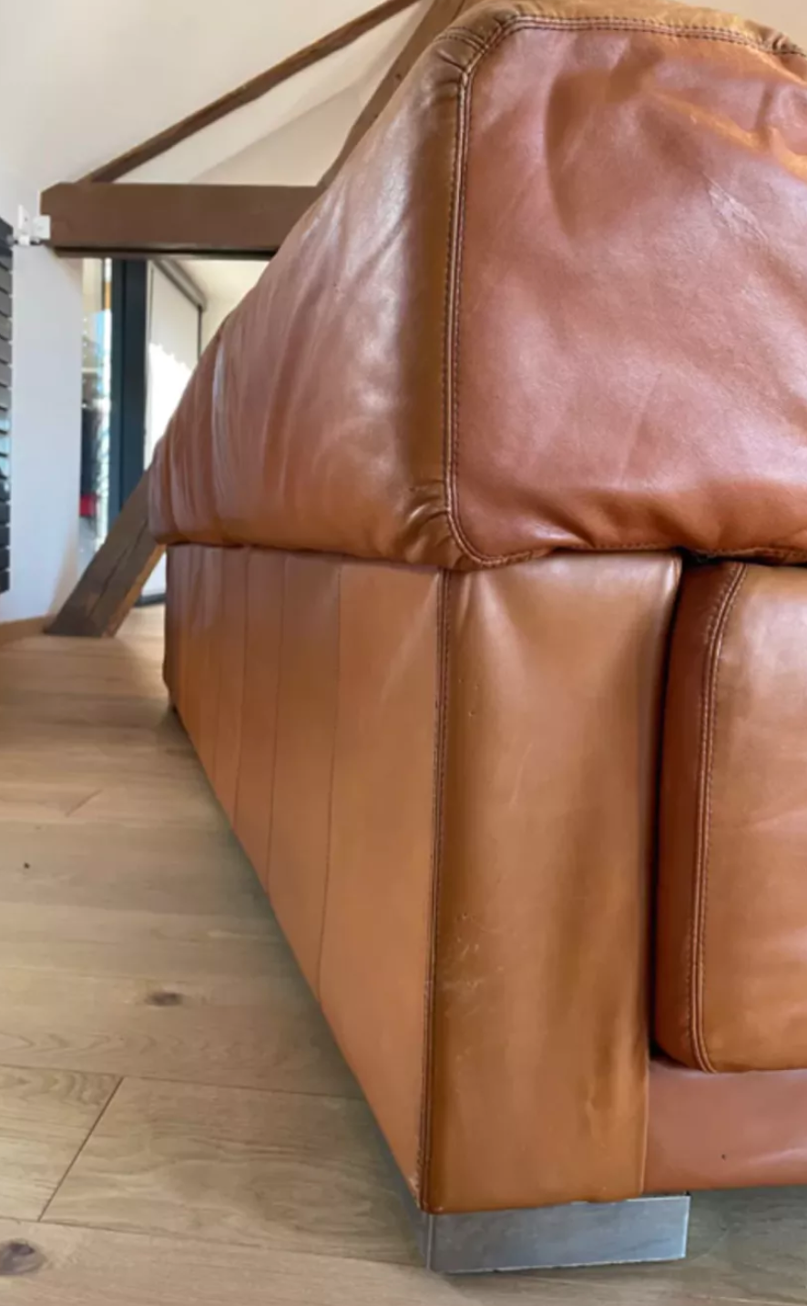 Vintage 3-seater sofa Gérard Guermonprez fawn and stainless steel leather, France 1970