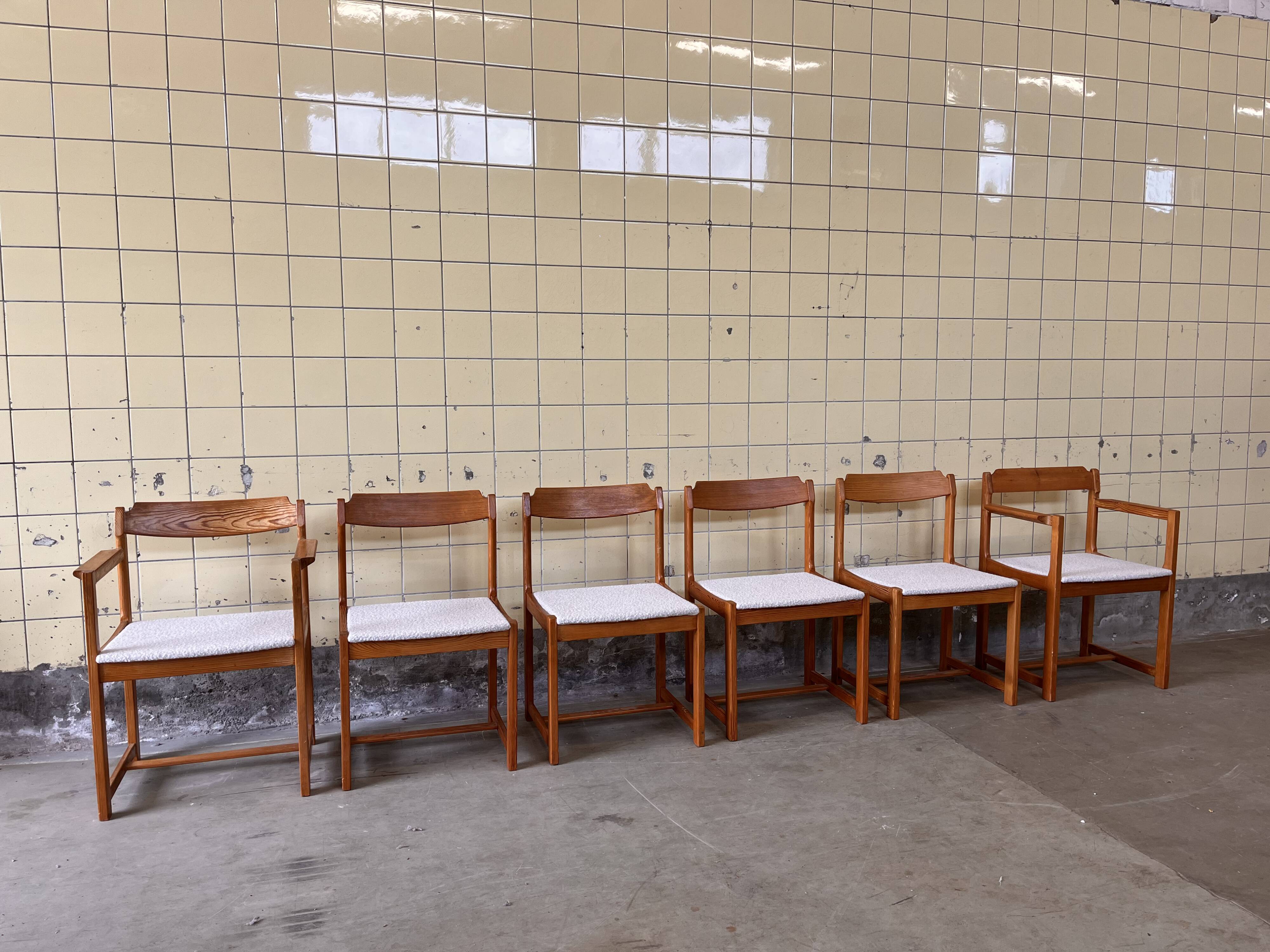 Set of six brutalist dining chairs in pine