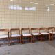 Set of six brutalist dining chairs in pine