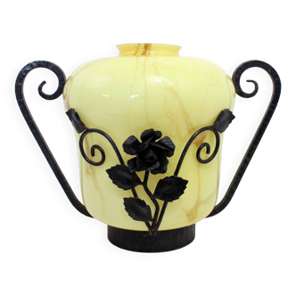Art Deco transition glass and wrought iron vase
