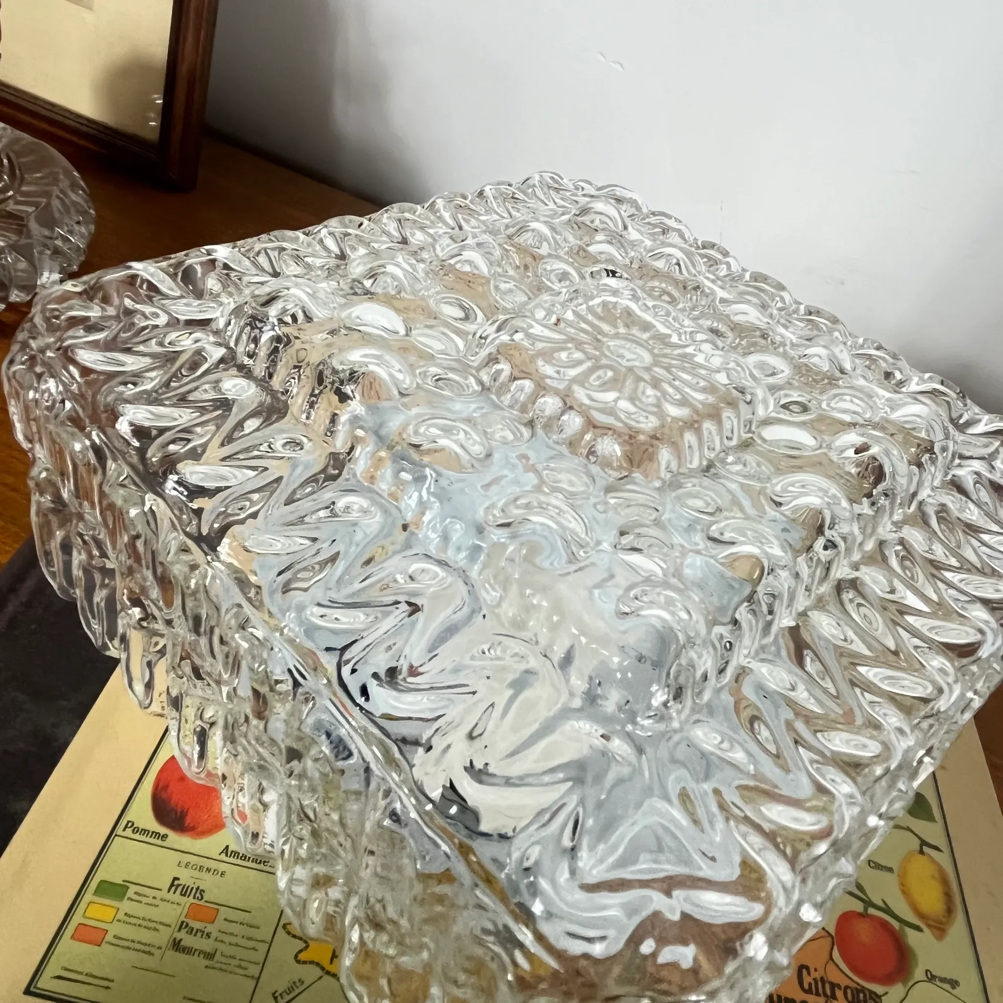 Old small square wall light ceiling fixture with transparent vintage glass.
