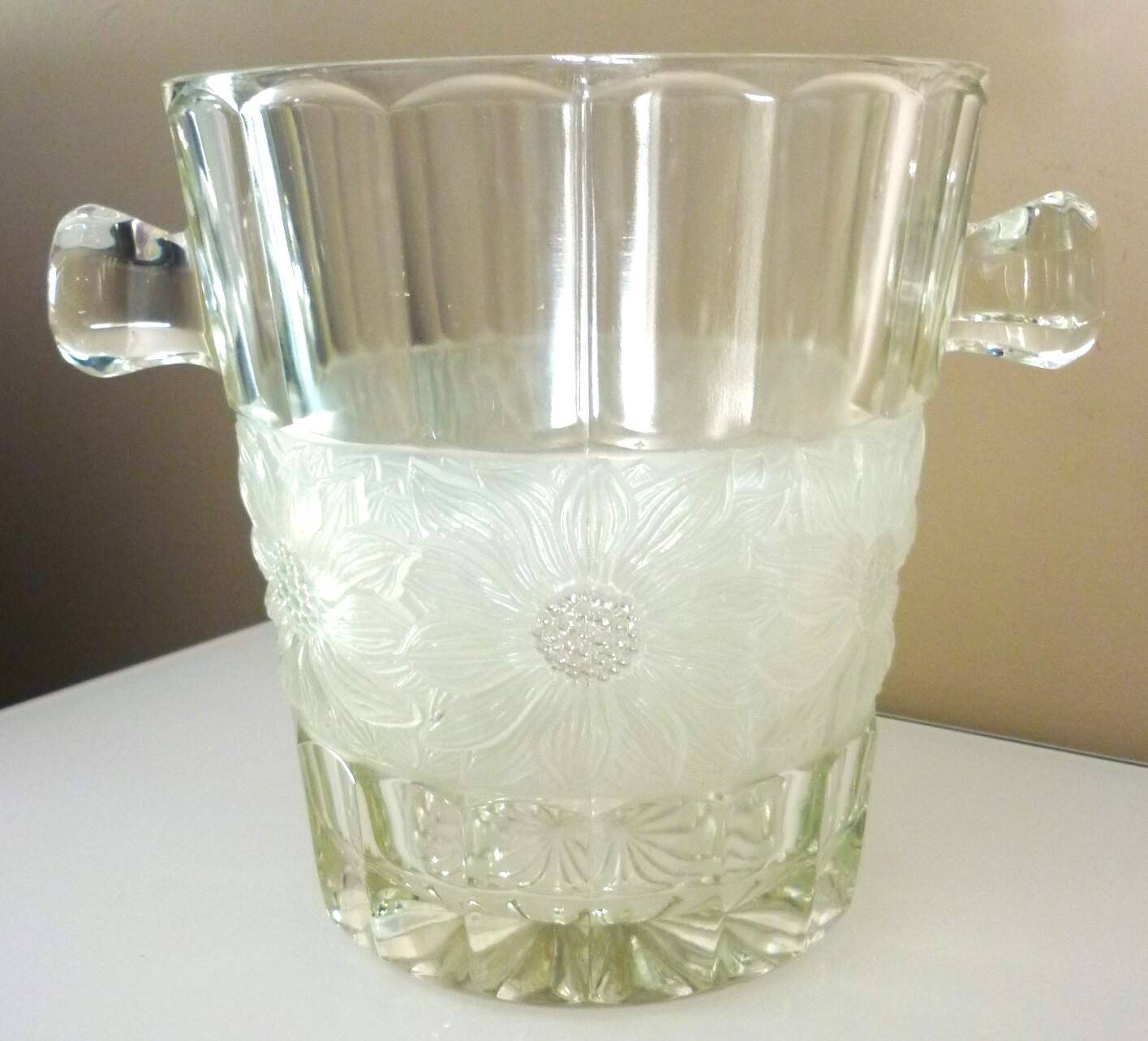 Champagne bucket, Art Deco style and period, thick, molded, frosted crystal