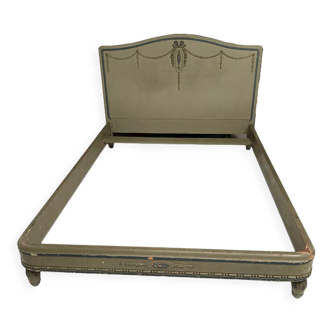 Louis XVI style bed frame, grey/green lacquered wood, blue rechampi