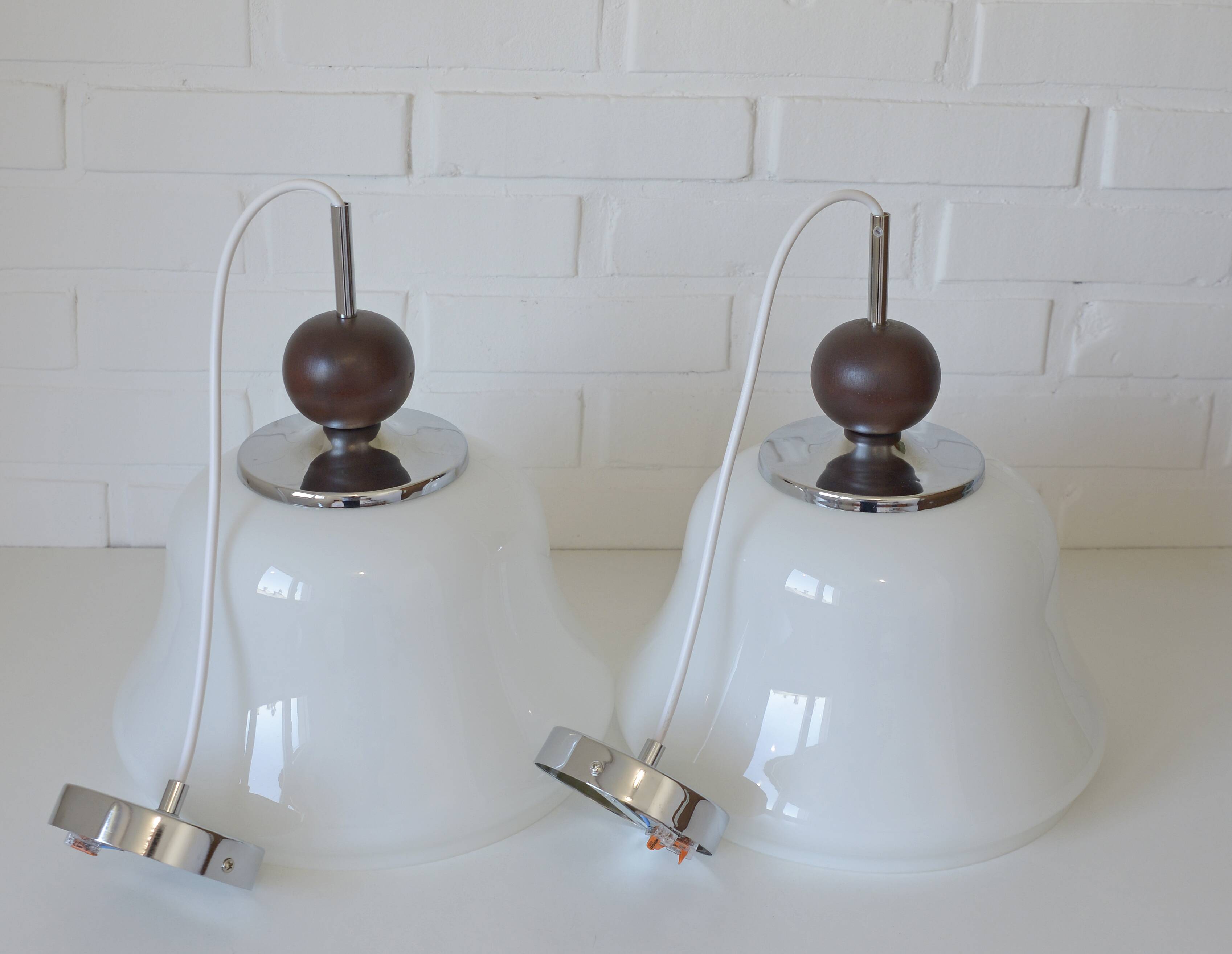 1 of 2 vintage white glass pendant light MCM hanging lamp Yugoslavia 1970's