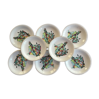 8 old plates Sarreguemines cubist décor
