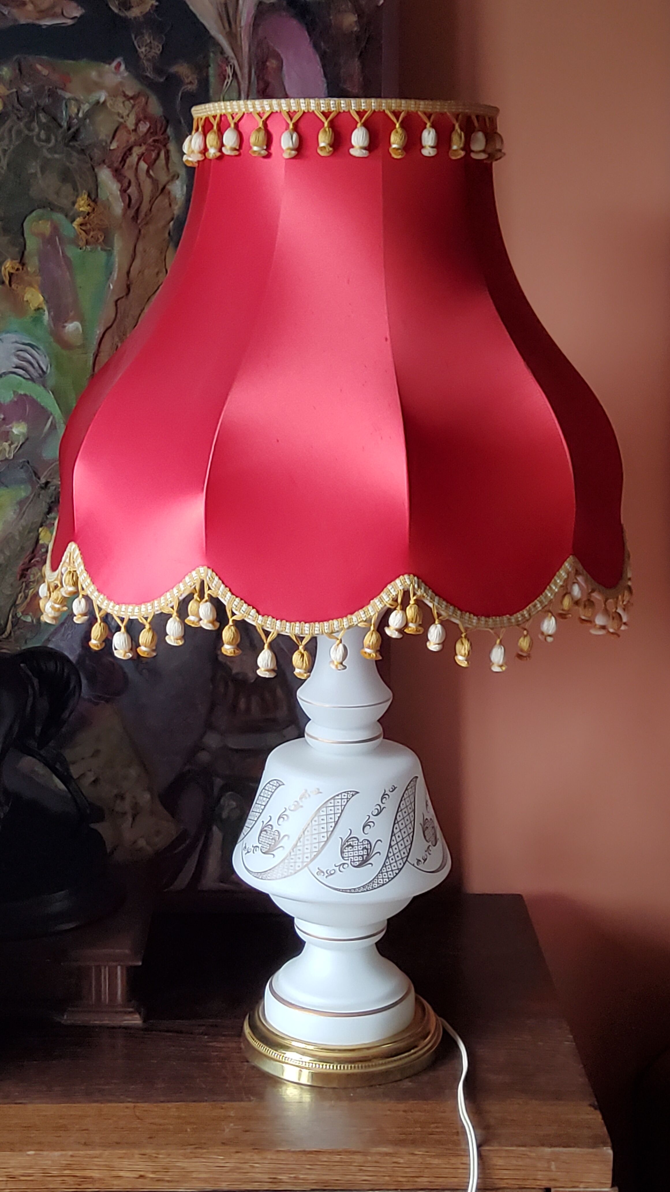 Vintage lamp of the 50s in white and golden opaline glass lampshade in red satin 75cm
