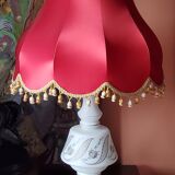 Vintage lamp of the 50s in white and golden opaline glass lampshade in red satin 75cm