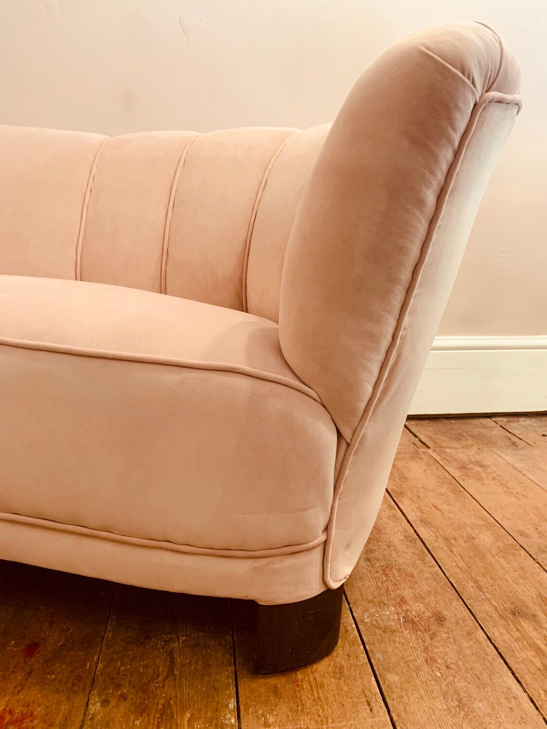 1940s Danish Banana Shaped Scalloped Sofa in Blush Pink