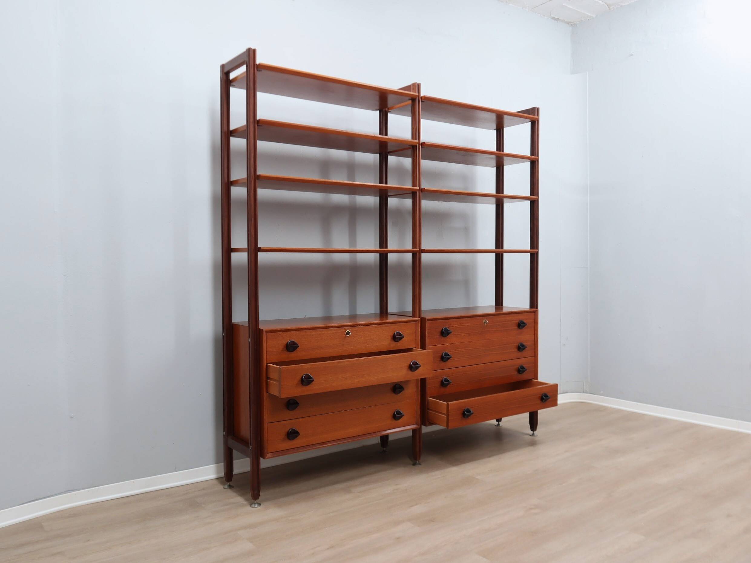 Mid-century modular teak bookcase with drawers and shelves Italy 1960s
