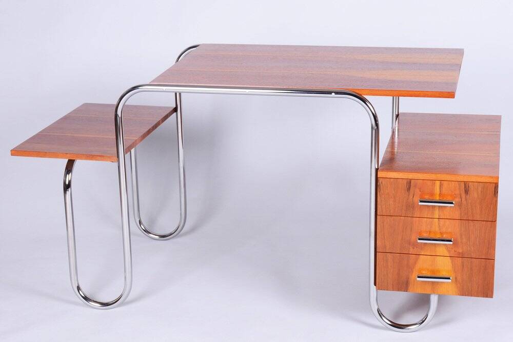 Czech Bauhaus Writing Desk in Walnut and Chrome attributed to Robert Slezak for Slezak Factories, 1940s