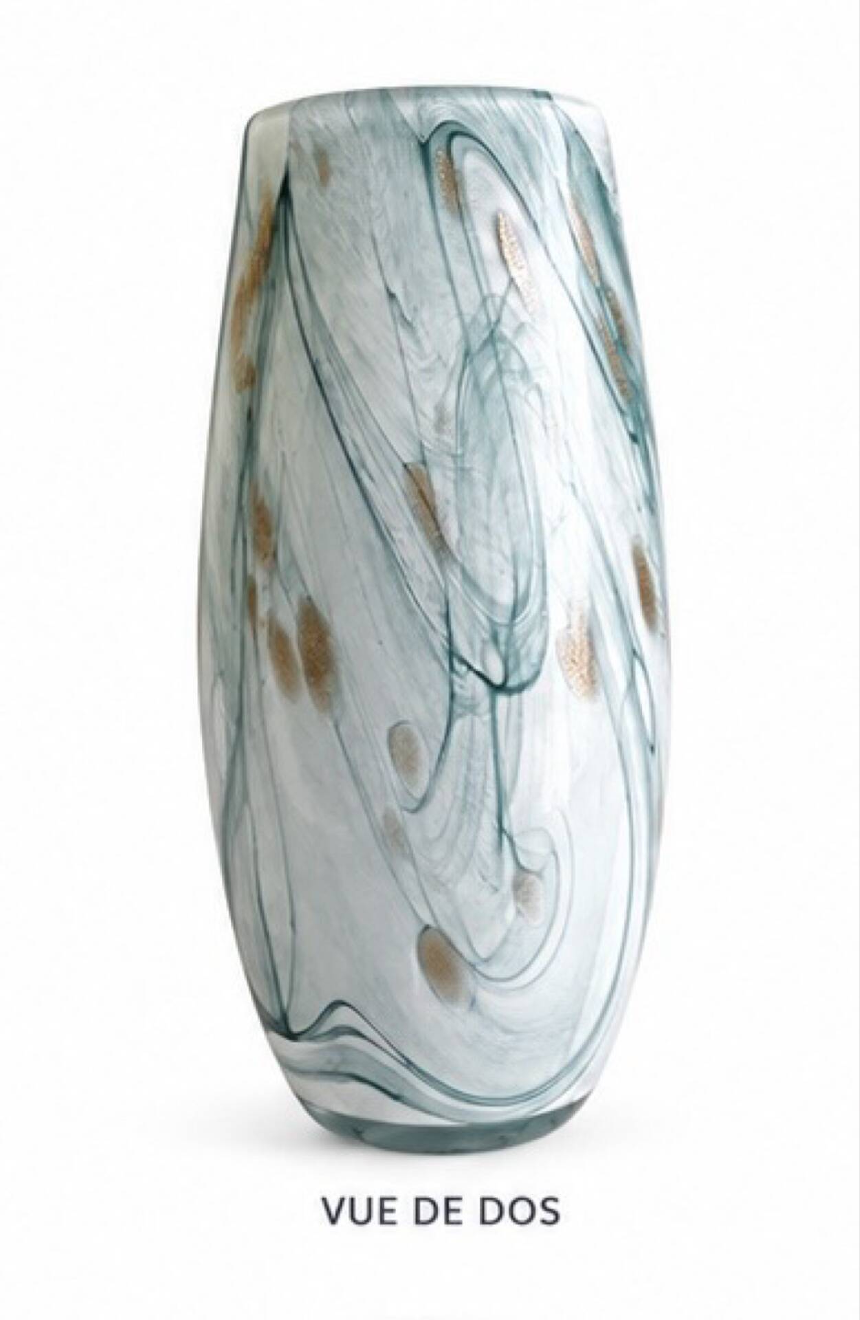 Blown glass vase marbled in white, water green, and with golden inclusions –