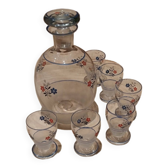 Ensemble carafe et 6 petits verres avec motif de fleurs modèle vintage