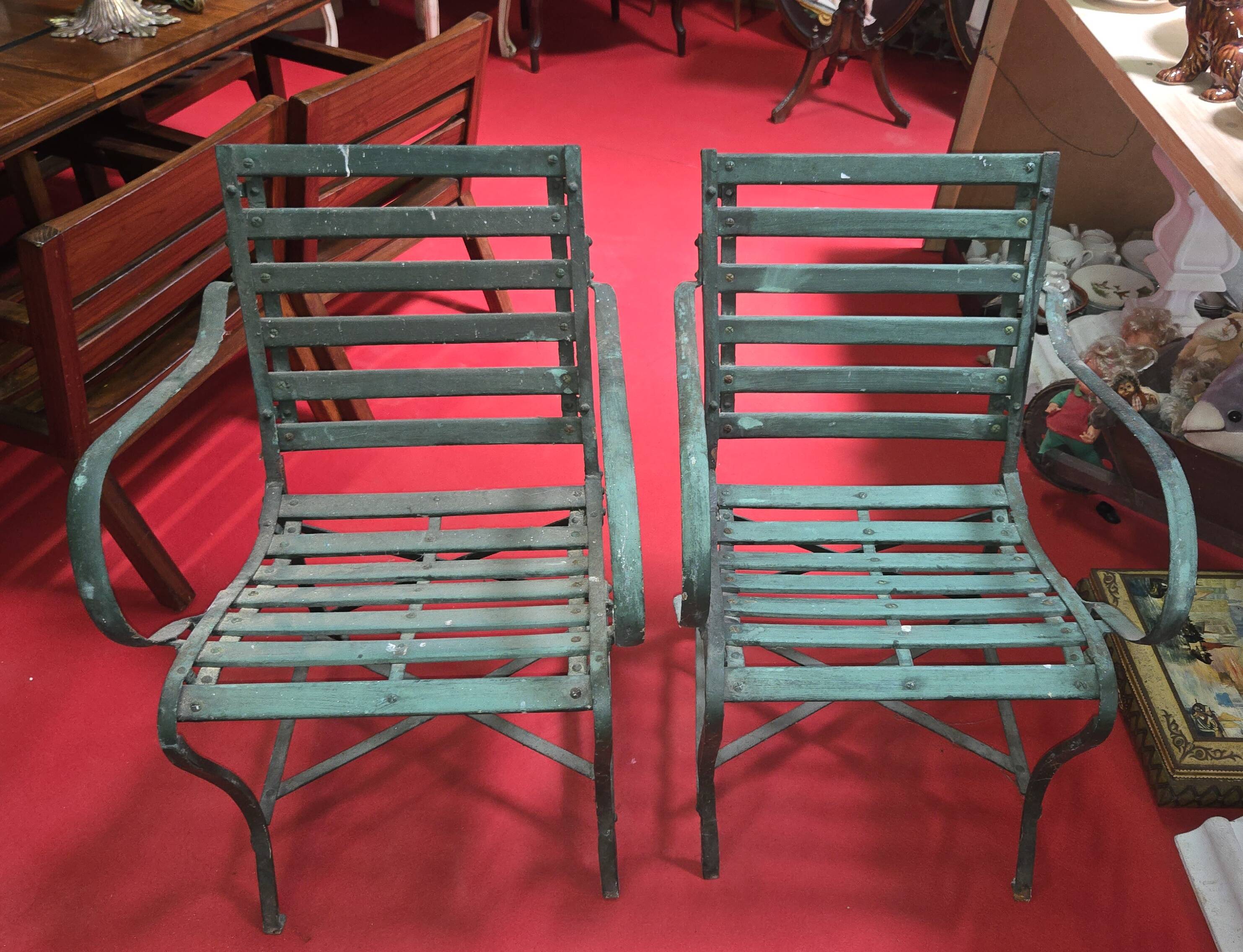 Pair of garden armchairs in wood and iron – Antique work from the late 19th century