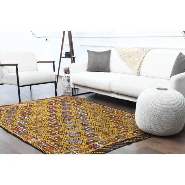 Vintage Turkish Oushak Handmade Wool & Cotton Yellow Area Rug 155x223
