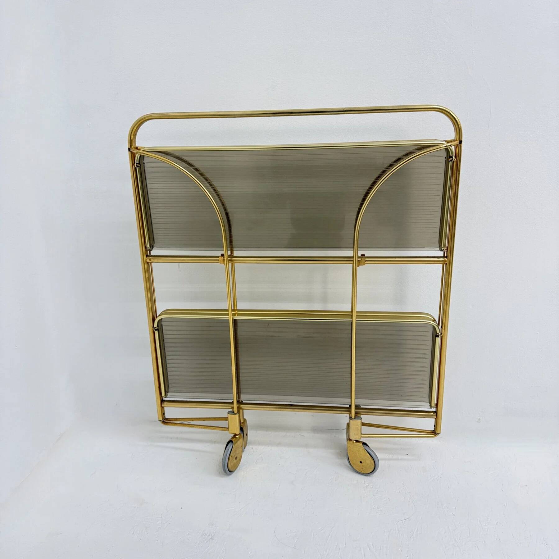 Mid-century modern folding bar cart in brass and ribbed acrylic glass, 1970s