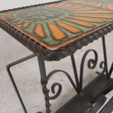 Vintage newspaper rack, magazine rack, table with 3 tiles