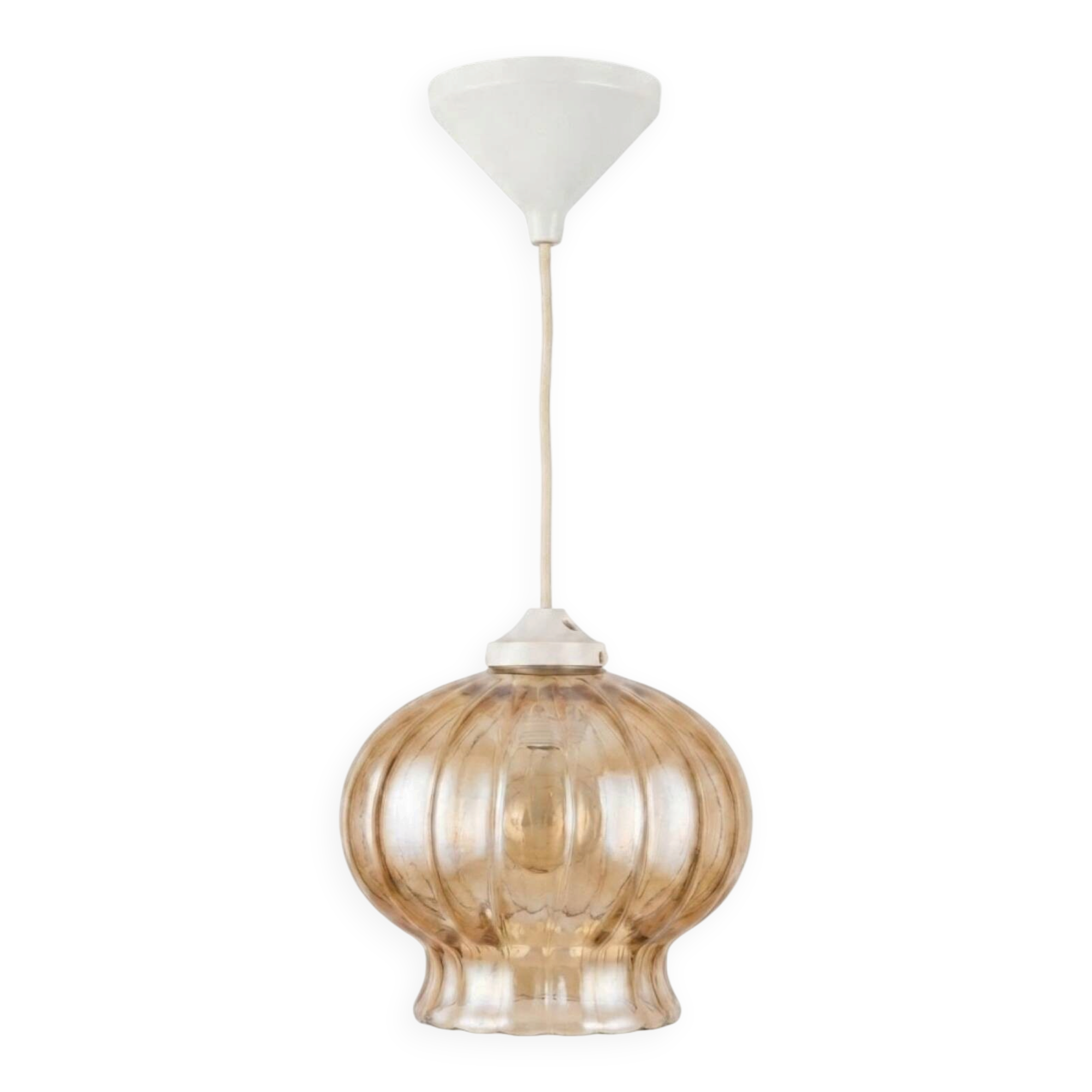 Suspension en verre soufflé ambré côtelé - années 1970