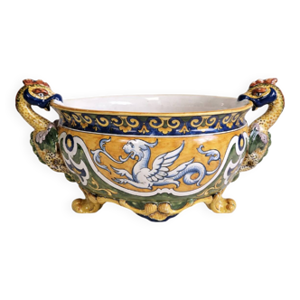 Nevers Henri Signoret: large antique-style bowl in polychrome glazed ceramic.