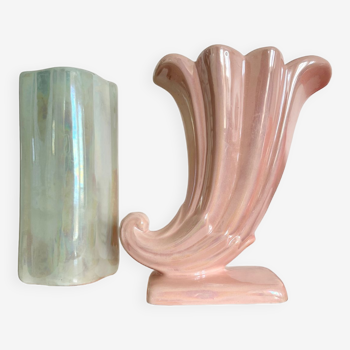 Duo of vintage iridescent ceramic vases