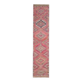 Tapis coureur en laine et coton turc vintage des années 1970, noué à la main, rose, 91x415.