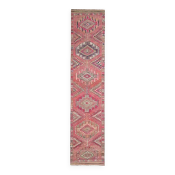 1970s vintage Turkish hand-knotted wool cotton pink runner rug 91x415