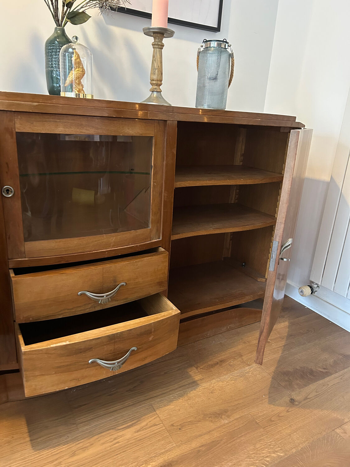 Art deco walnut grand buffet with display cabinet.