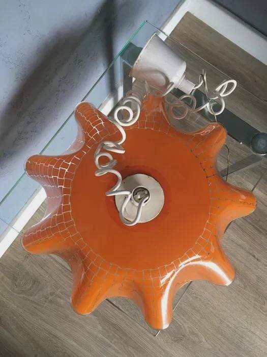 Polish ceiling lamp, orange hand-painted glass with wavy edge, 1970s-80s