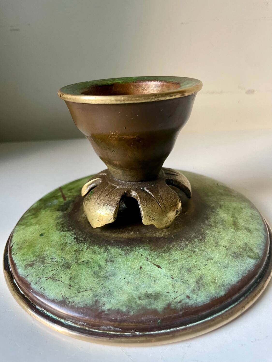 Scandinavian ART DECO candle holder in Bronze with verdigris patina