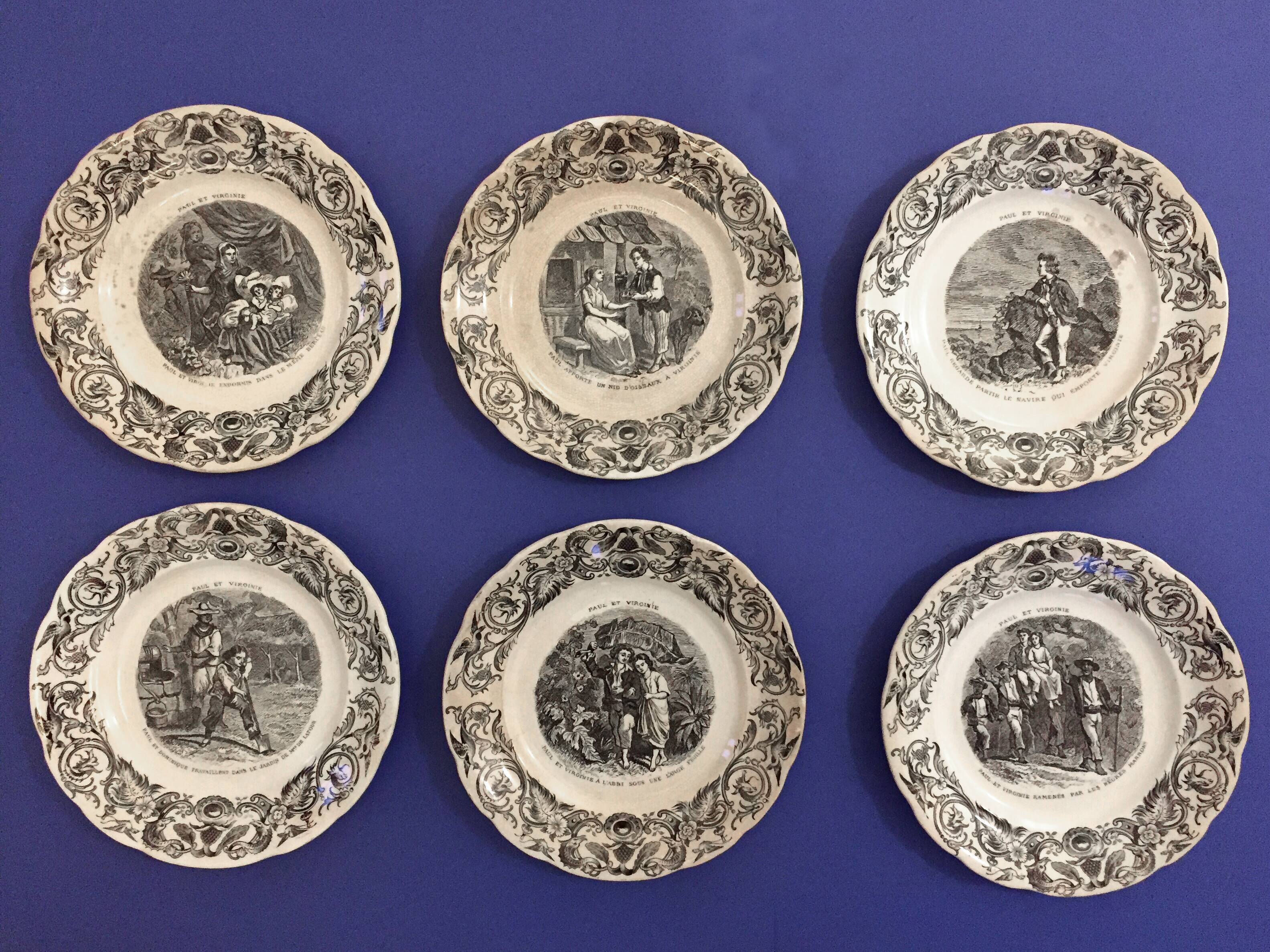 Set of 6 talking plates Sarreguemines "Paul and Virginie"