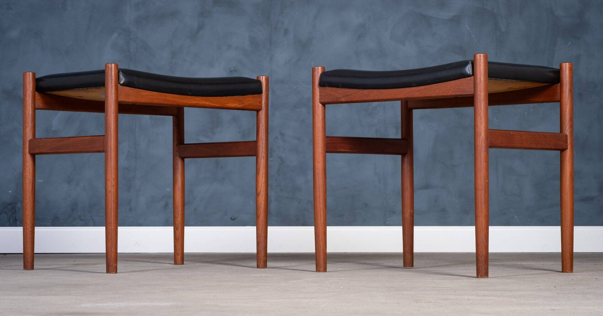 Teak Stools with Black Leather Tops by Spøttrup Møbelfabrik, 1960s, Set of 2