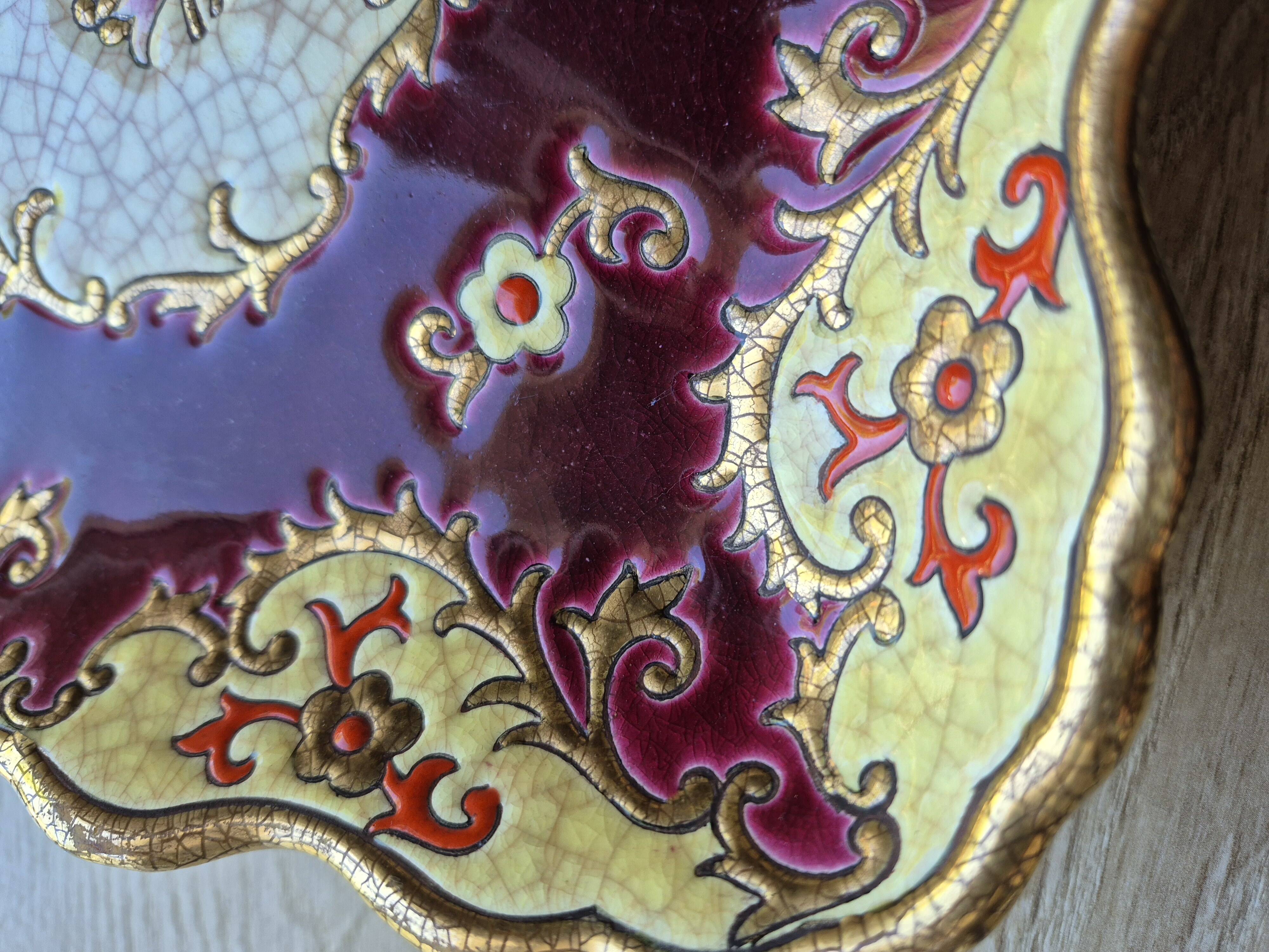Antique Longwy enamel dish, "Plaisance" model, red and gold