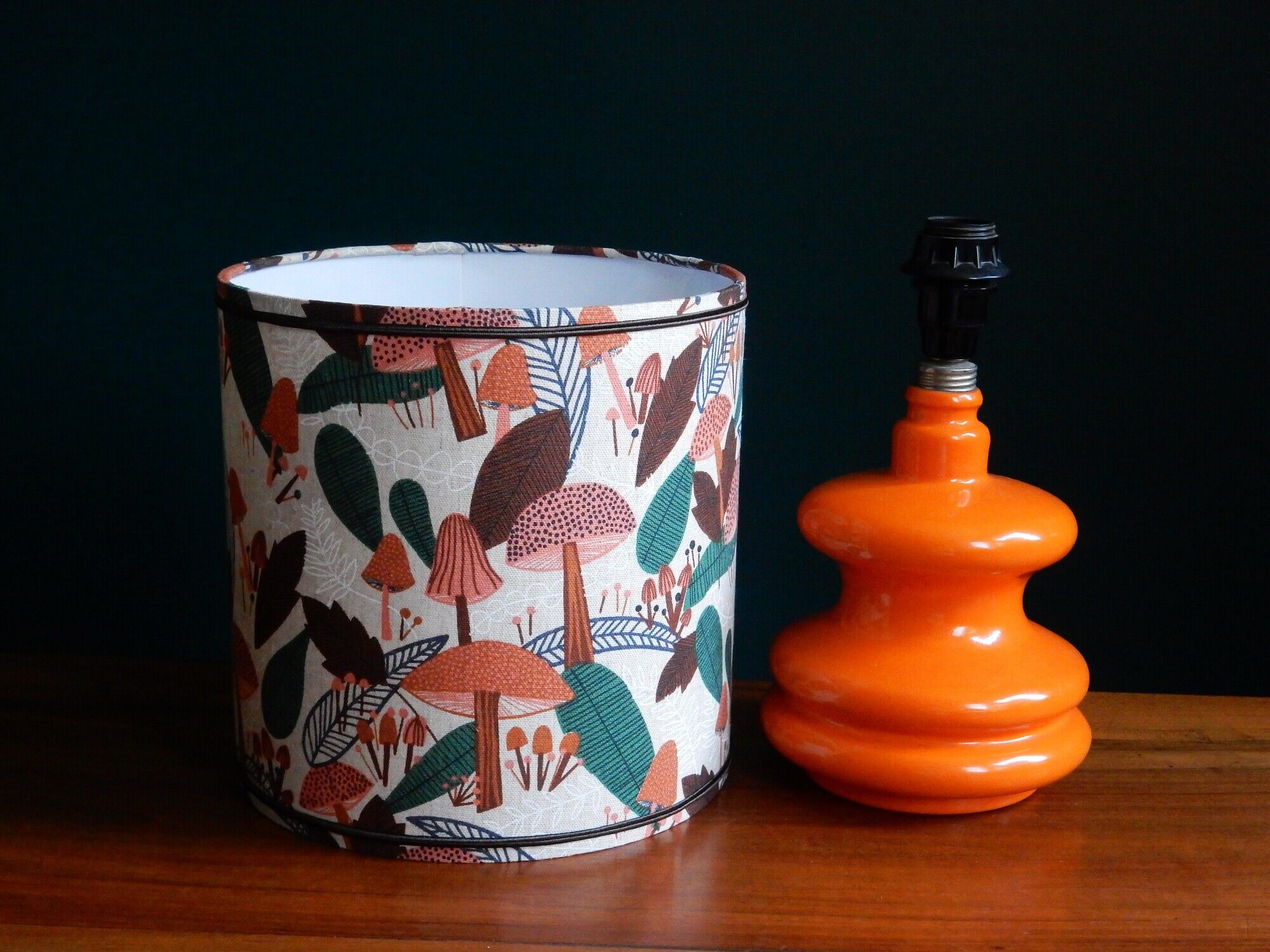 Mushroom lampshade and vintage orange glass lamp foot
