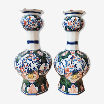 Pair of polychrome Delft vases signed LPK Chinese décor