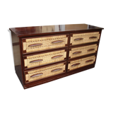 Six-drawer mahogany and straw chest of drawers, circa 1950, made in Mexico