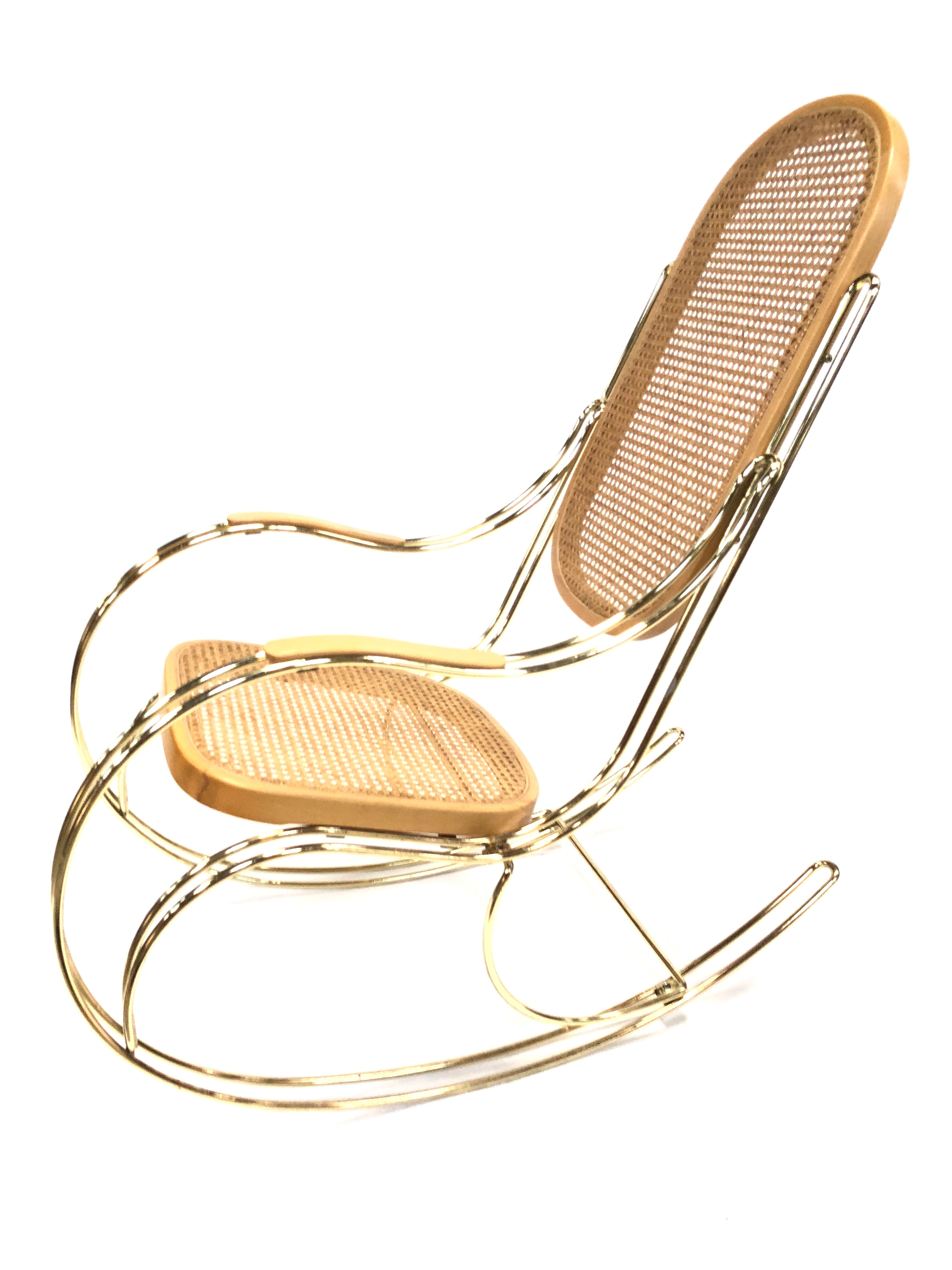 Vintage brass curved wooden rocking chair