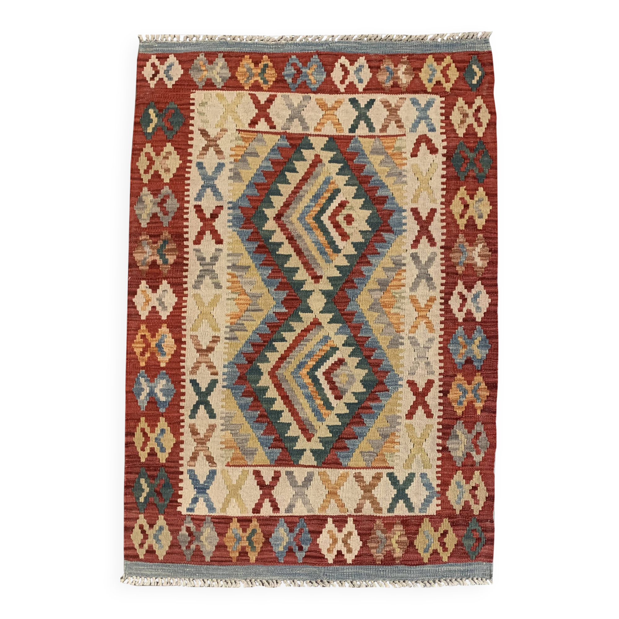 Tapis Kilim afghan fait main, tapis tribal géométrique en laine 83 x 130 cm