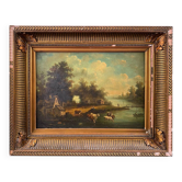 "Animated landscape, by a river", oil on panel 19th century