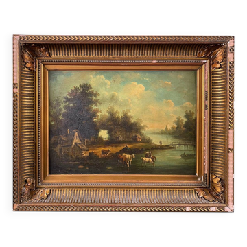 "Animated landscape, by a river", oil on panel 19th century