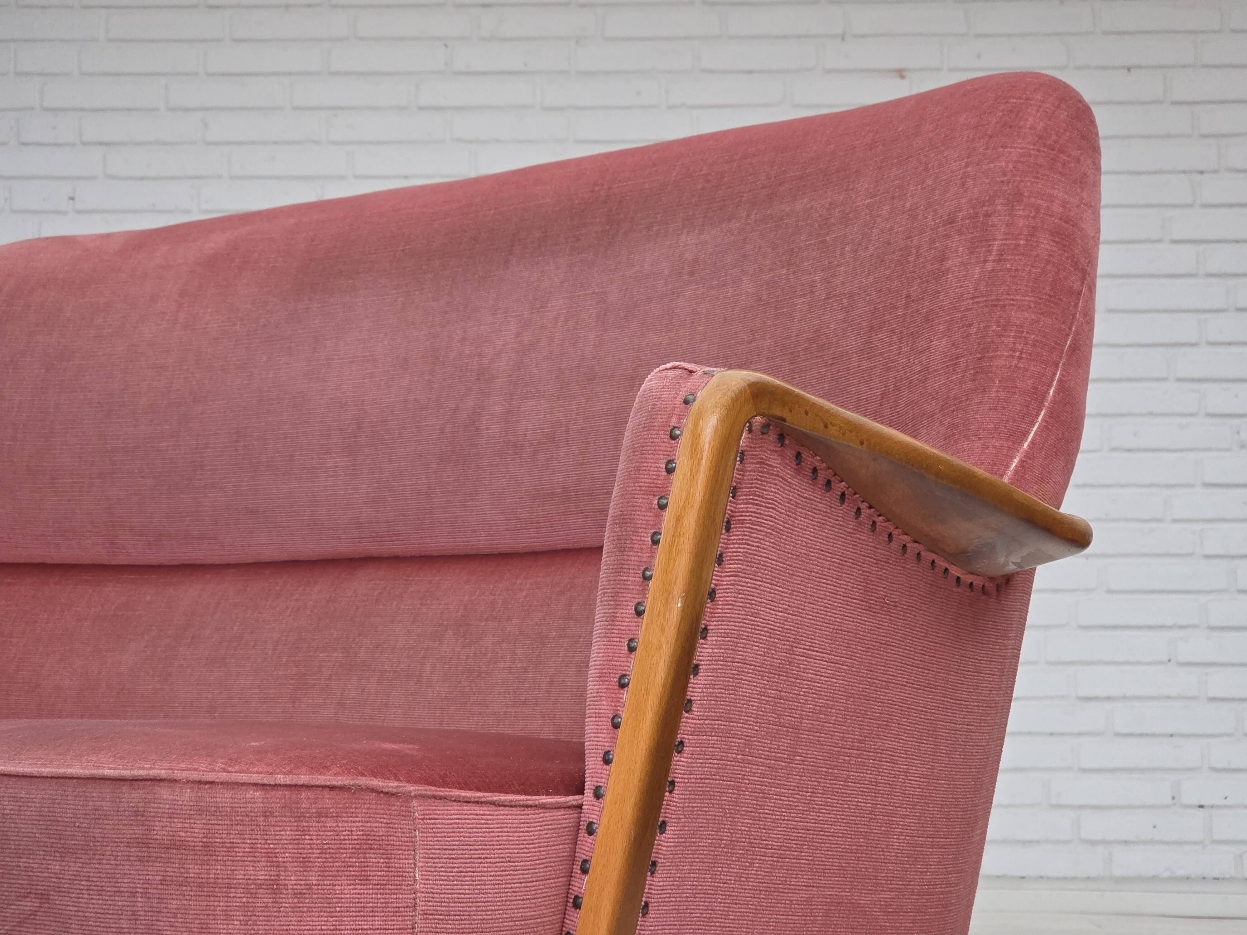 1970s, 2-seater Swedish sofa, pink furniture velour, beech wood.