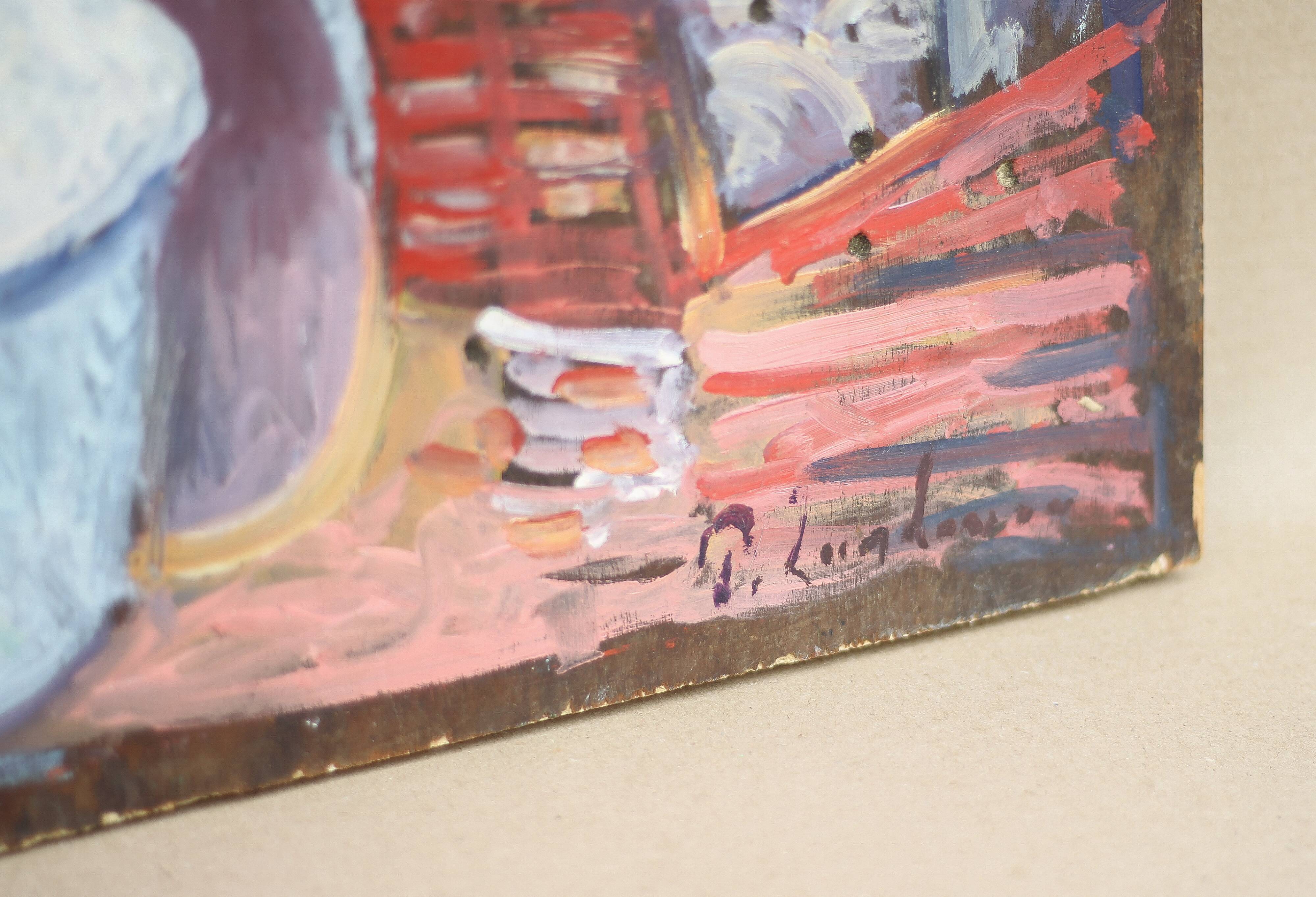 Painting signed Patrice Landauer, vintage painting, painting on wood panel