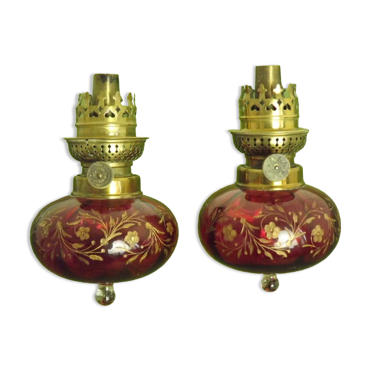 2 French Antique Cranberry Glass Oil Lantern Reservoirs Etched Gold Flowers 3984