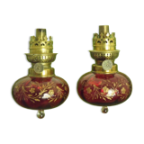 2 French Antique Cranberry Glass Oil Lantern Reservoirs Etched Gold Flowers 3984