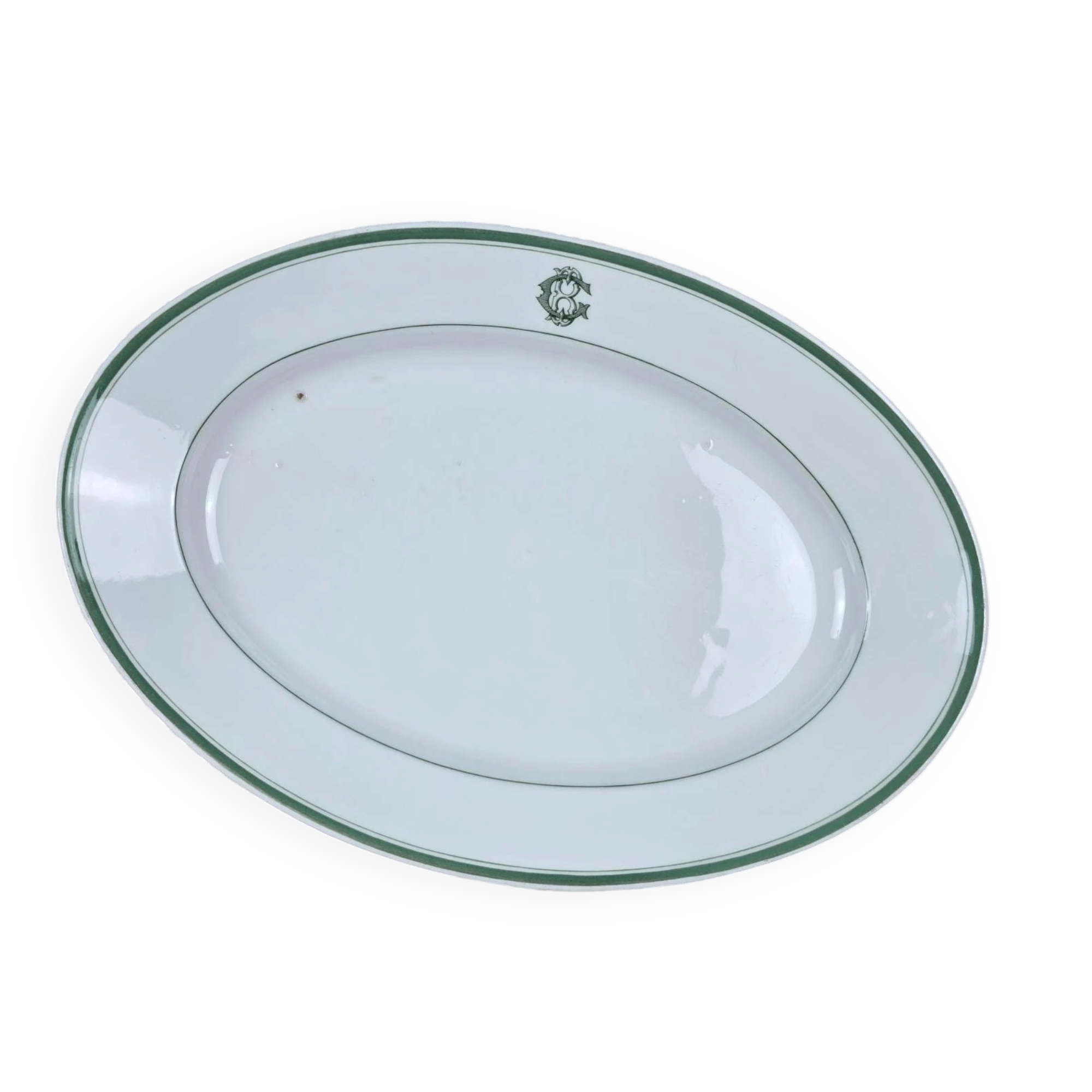 Antique oval dish Mehun France – White porcelain with green trim